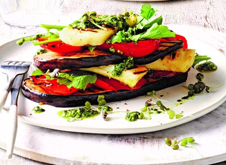 Chargrilled Eggplant with Haloumi Stack with Pesto